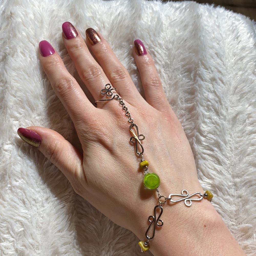 Ring and bracelet combo silver green and yellow hippy boho jewelry accessory